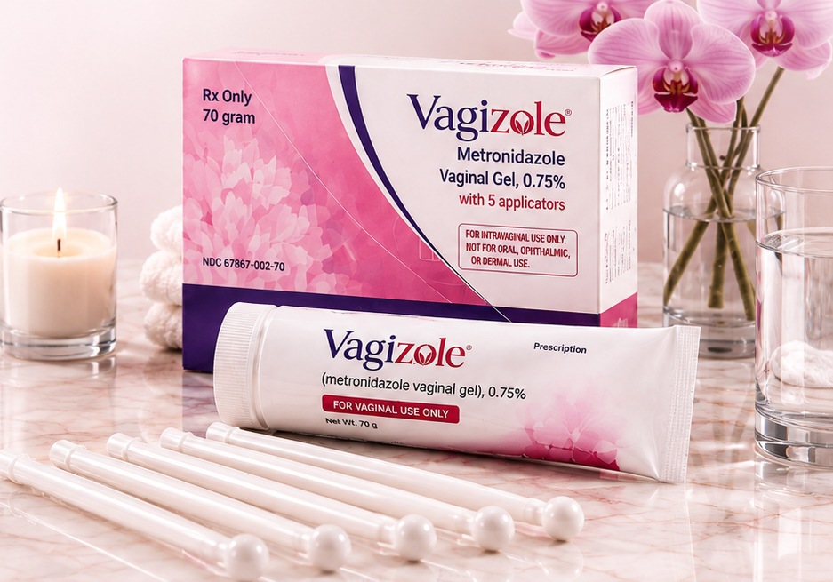 Vagizole carton, tube, and applicators on a marble surface with a candle and orchids, approved product photograph