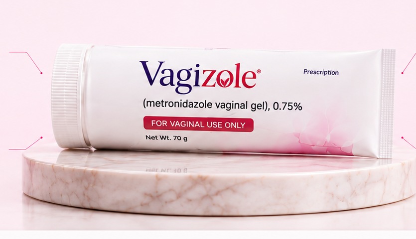 Vagizole tube resting on a white marble pedestal, approved product artwork